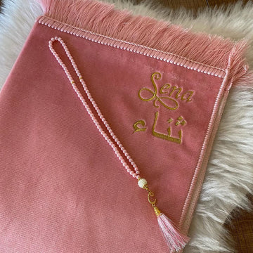 Kişiye Özel İsimli Lüx Kadife Seccade Pembe