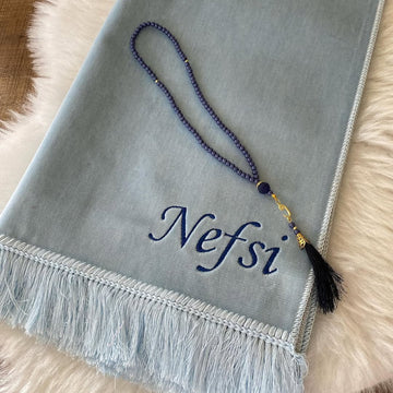 Kişiye Özel İsimli Lüx Kadife Seccade Bebe Mavisi